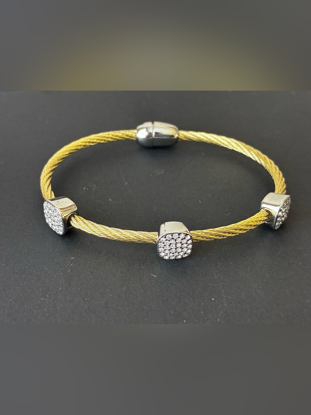 Gold Tone Cable Pave Crystal Accent Bangle Bracelet/ Magnetic Closure